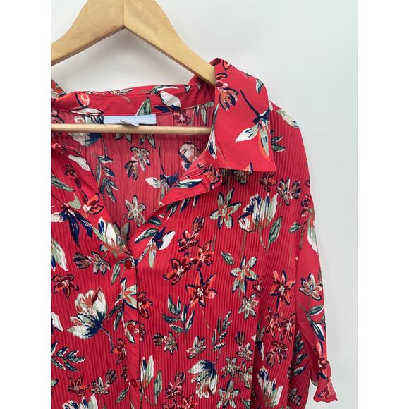 Only Necessities Button Up Top Women 3X Red/Pink Floral Georgette Pleated - Picture 4 of 8